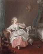 unknow artist A bedroom interior with a young girl holding a song bird oil painting on canvas